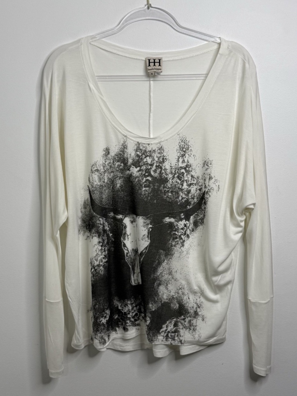 Haute Hippie White with Black Top Long Sleeves Women's Size S Western Faded Bull